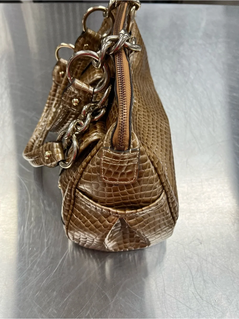 Kathy Van Zeeland Y2K Gold Croc-Embossed Chain Handle Shoulder Bag